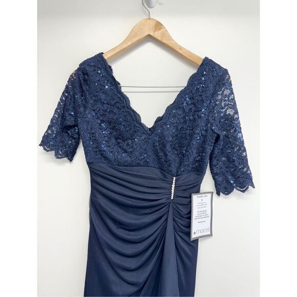 Betsy & Adam Dress Size 4 Blue Maxi Gown Sequined V Neck Short Sleeve NEW - Picture 5 of 8